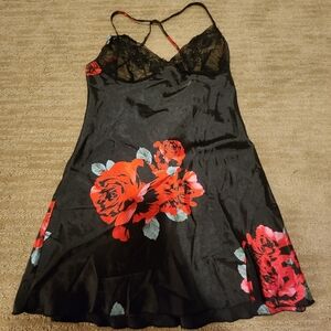 Black Floral Slip Dress with Lace Detail